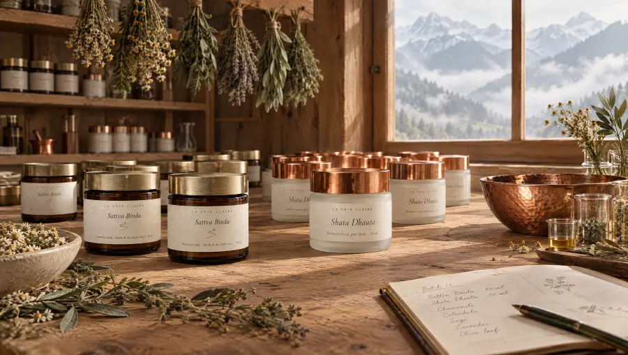 The atelier in Leysin with jars, copper and dried herbs