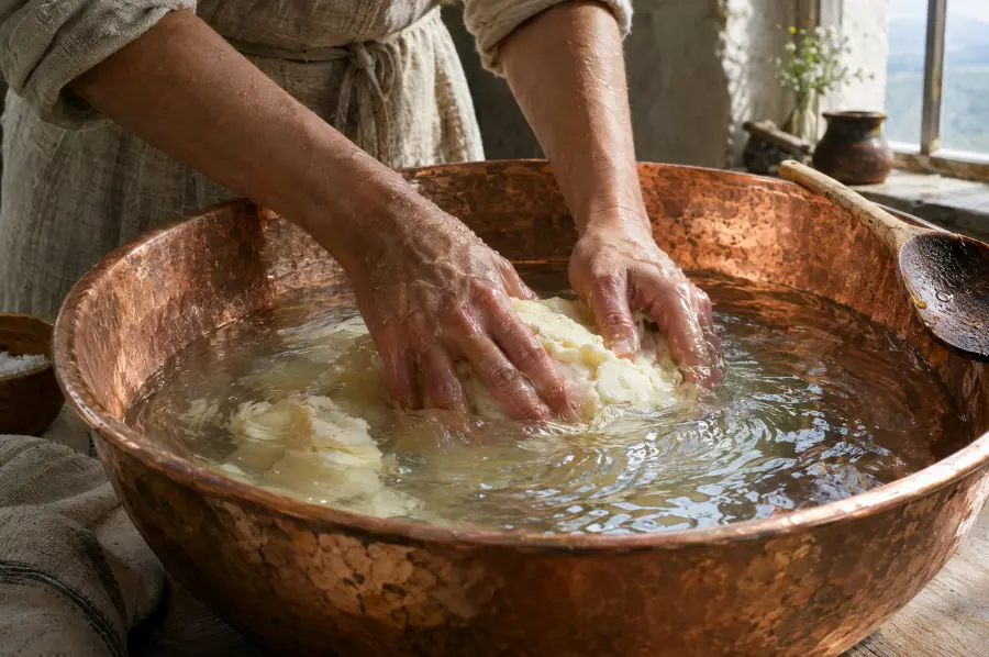 Hands rinsing ghee in a copper bowl